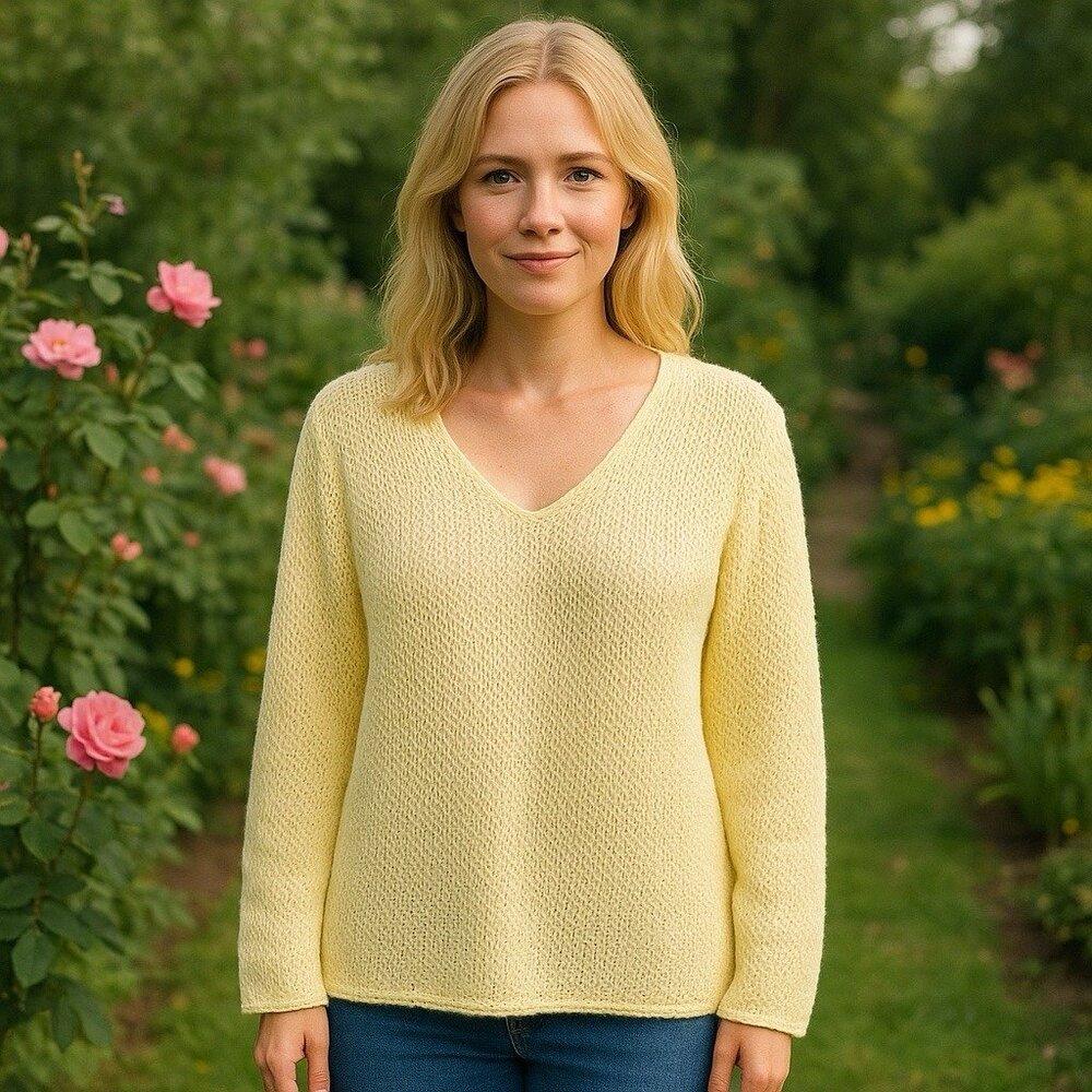 J. Jill Butter Yellow Loose Weave V-Neck Pullover Coastal Lagenlook Artsy L